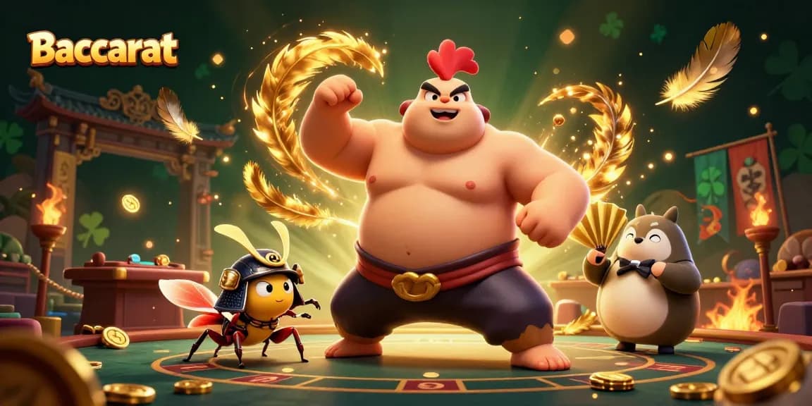 Baccarat scene with colorful characters like sumo rooster, samurai cricket, and tanuki in a casino setting.