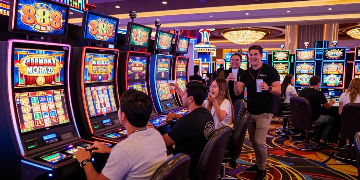 Pemain merayakan kemenangan di mesin 888 slots di kasino dengan suasana meriah dan lampu berwarna.