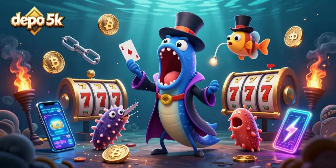 Experience thrilling gaming with depo 5k, alongside vibrant slot reels and underwater magic.