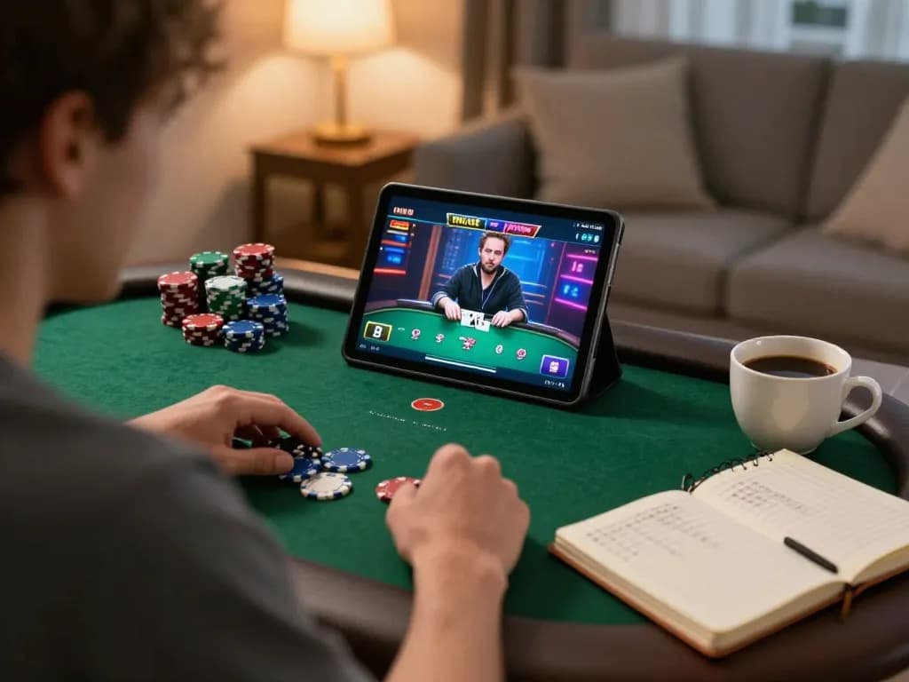 Playing online poker on tablet while using f8bet in cozy living room, showcasing strategic gameplay.