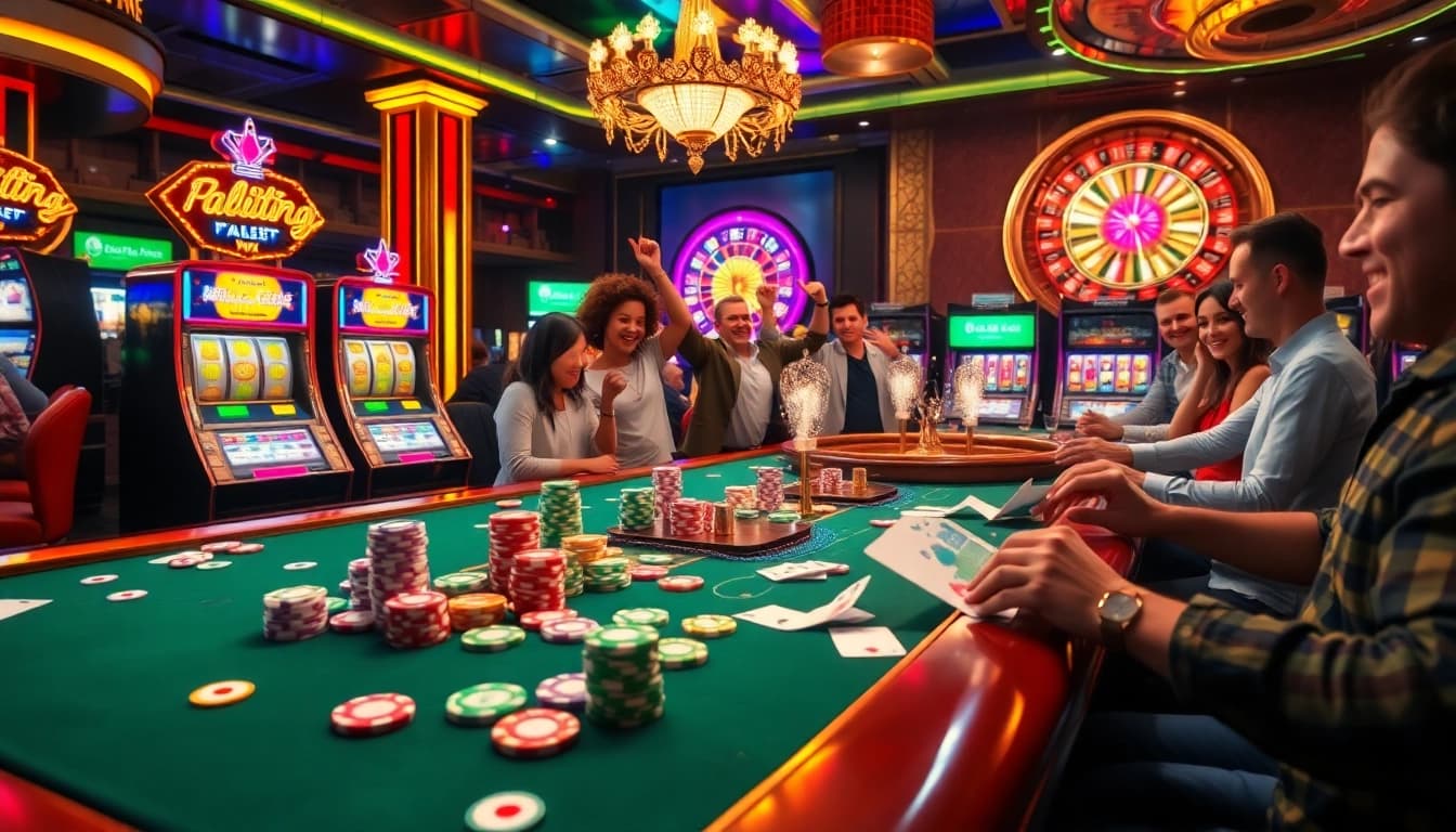 Players enjoying an exciting game at an idnslot casino with vibrant lights and colorful chips.