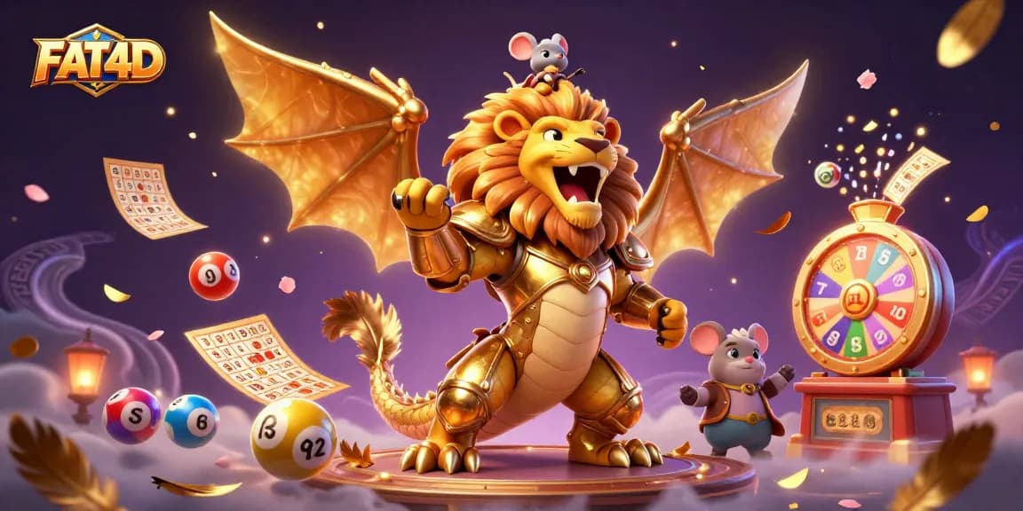 FAT4D showcases a vibrant scene with a chimera creature and lottery elements, enhancing gaming excitement.