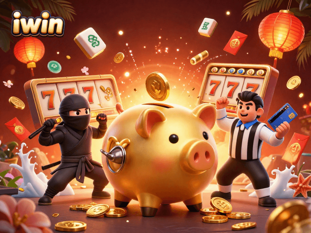 iwin's exciting slot game scene featuring dynamic golden piggy bank and ninja challenges.