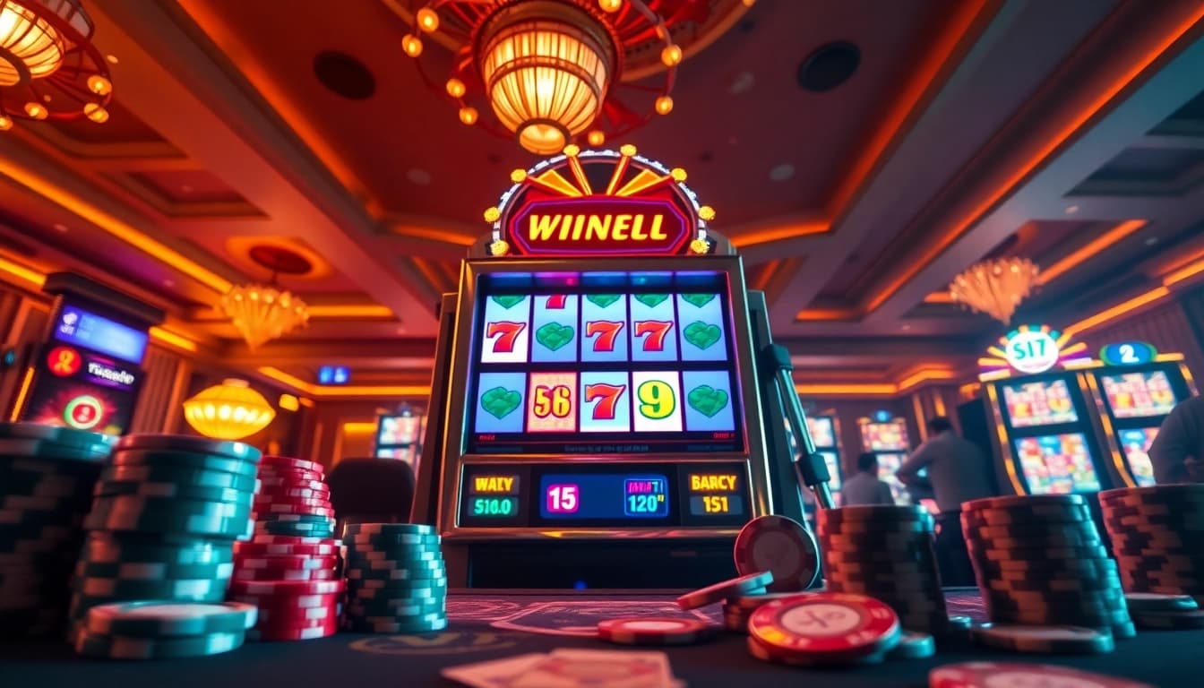 Experience the thrill of slot apiraja88 as players engage with a vibrant slot machine in a luxurious casino setting.