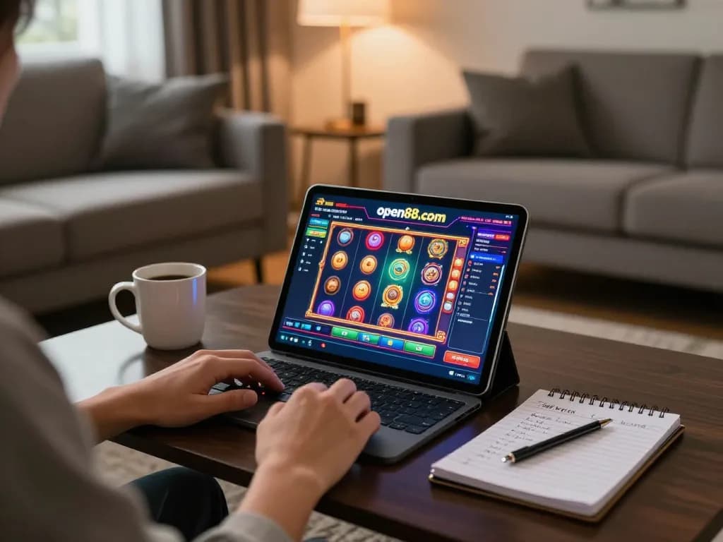 Engaging in online gambling at open88.com, showcasing dynamic gameplay on a stylish tablet with strategies in view.