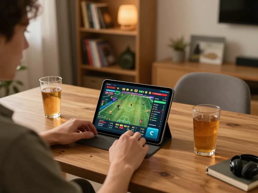 Player engaging with sg777 sports betting app on tablet in a cozy home setting.