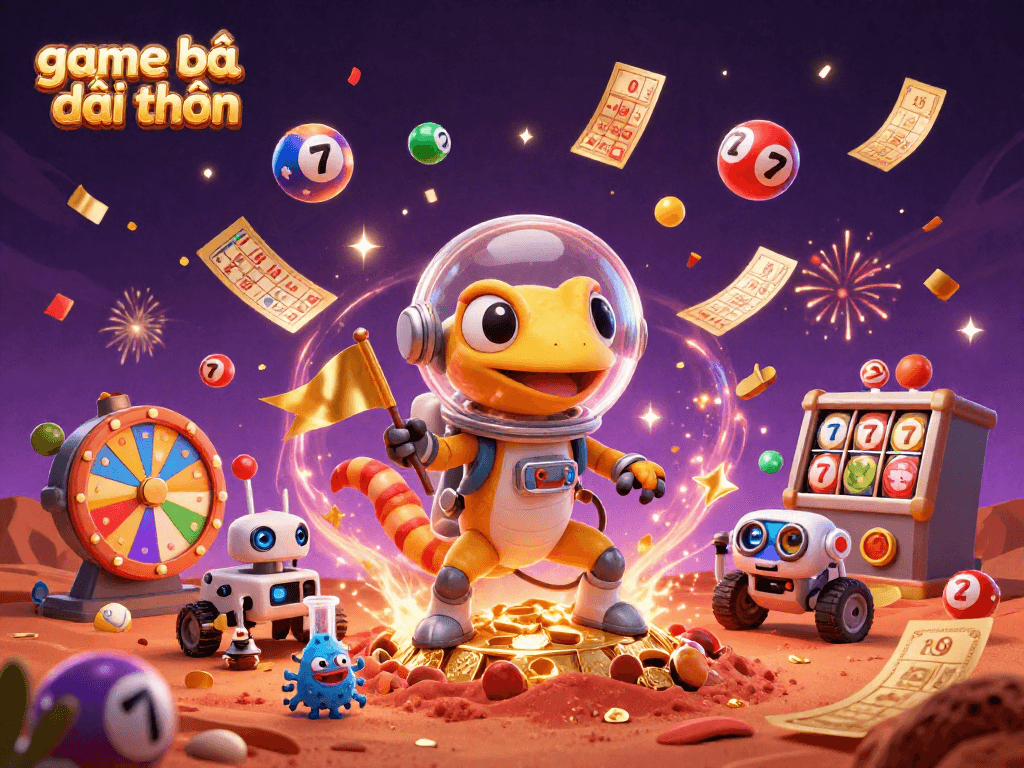 Play game bài đổi thưởng with vibrant lotto elements and a golden casino in a whimsical alien world.