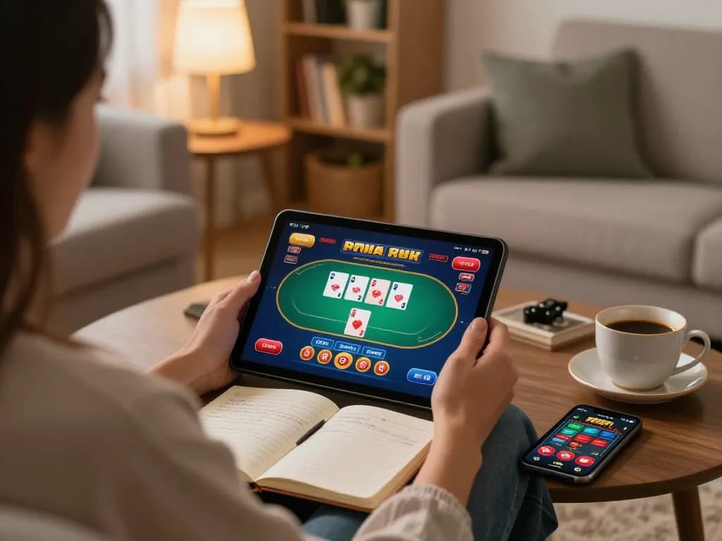 Engaging online poker game on a tablet shows af88 interface with strategic notes nearby, capturing home gaming vibe.