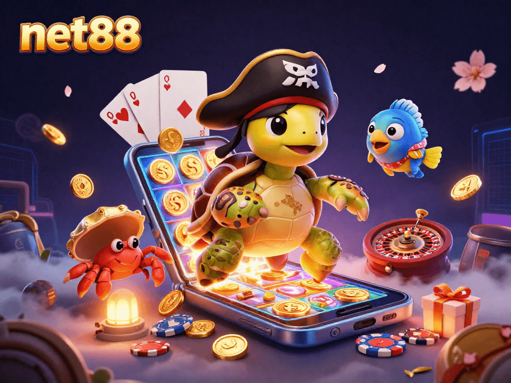 Spin and win with net88 at exciting slots, featuring a pirate turtle and vibrant casino elements.