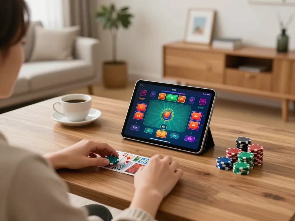 Engaged player using tablet for u888 trang chủ online poker action surrounded by gaming elements