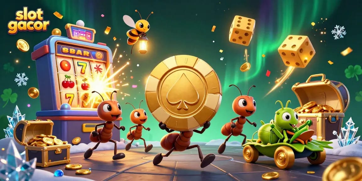 Ants execute a daring heist with a golden poker chip at the center of a vibrant slot gacor scene.