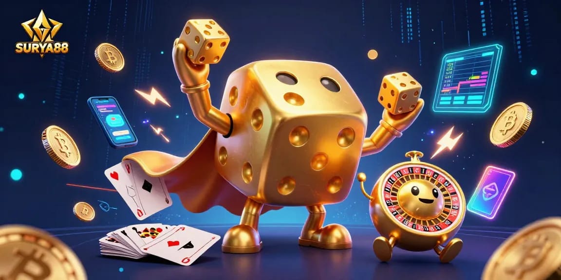 SURYA88 showcases an animated scene of a golden dice golem and crypto coins enriching the gaming experience.