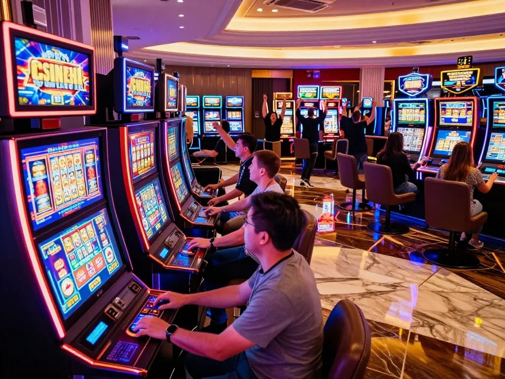 Players enjoying diverse games at situs slot gacor area filled with vibrant slot machines and neon lights