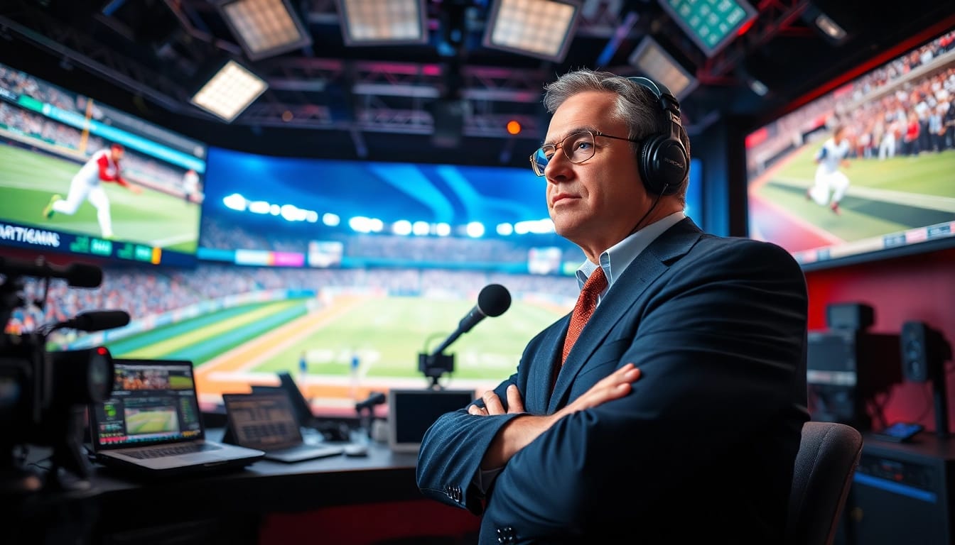 Engaging sports broadcasting scene featuring a broadcaster in a high-tech studio.