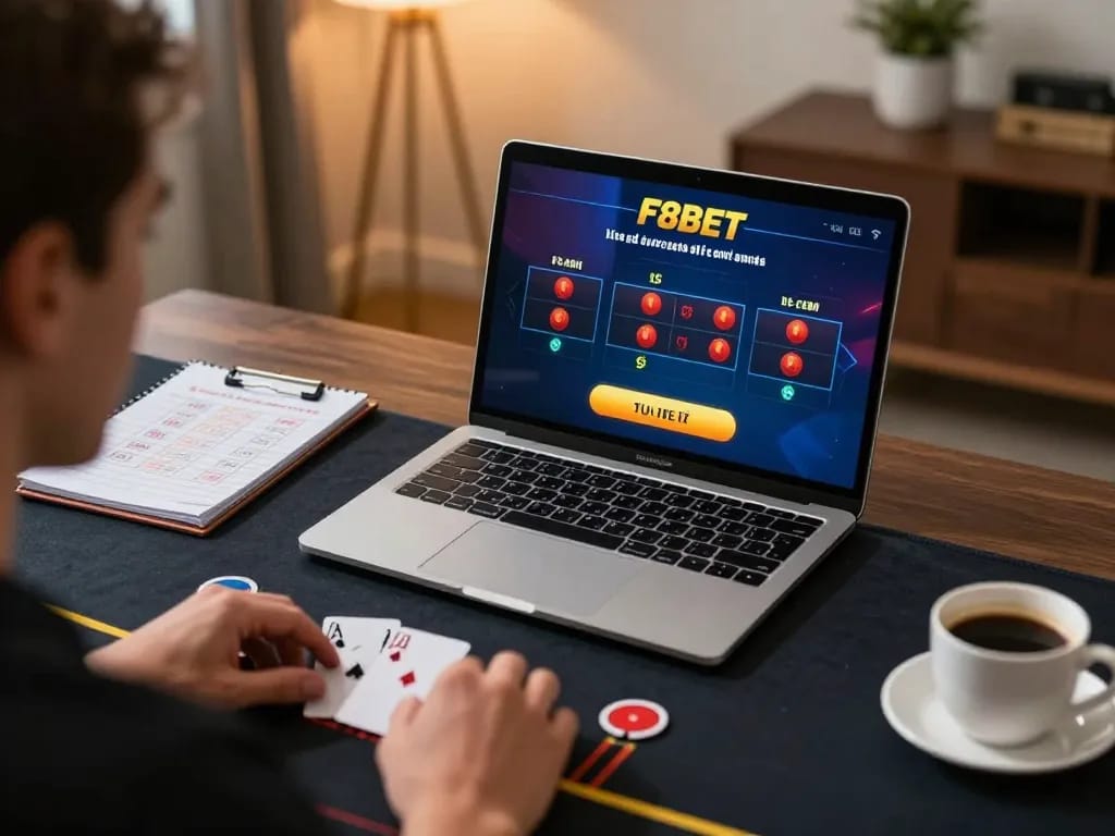Playing live dealer blackjack on F8BET platform in a cozy home setup with strategic gaming accessories.