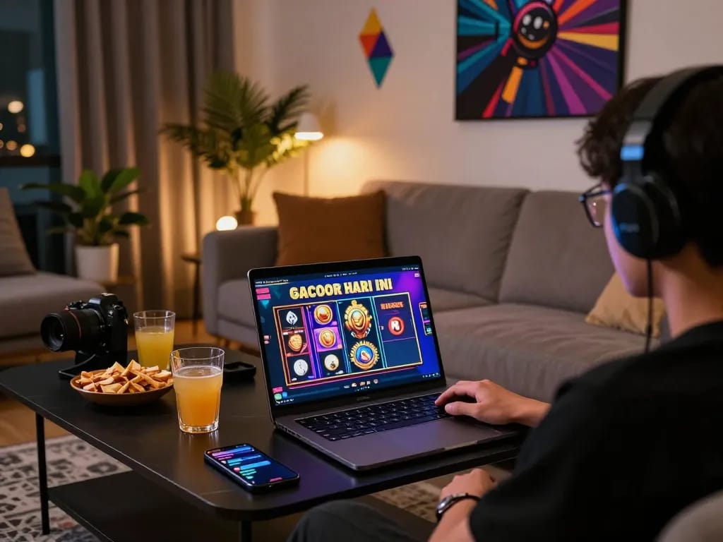 Orang menikmati permainan slot gacor hari ini dalam suasana ruang tamu yang nyaman.