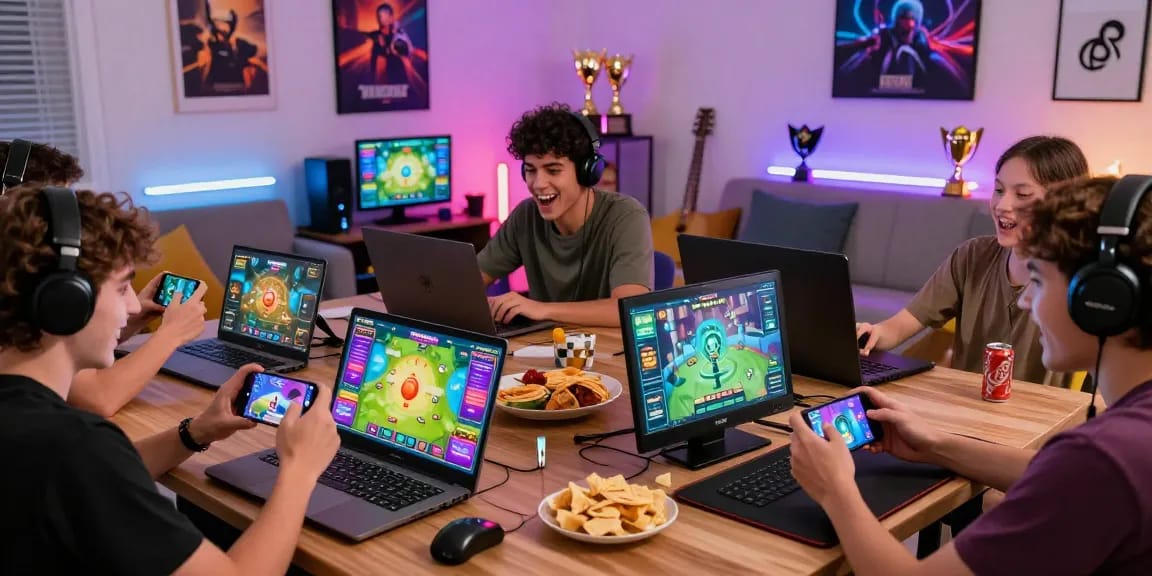 Tiranga Game Login scene showcasing players immersed in colour prediction games on mobile and laptops in a vibrant gaming setting.