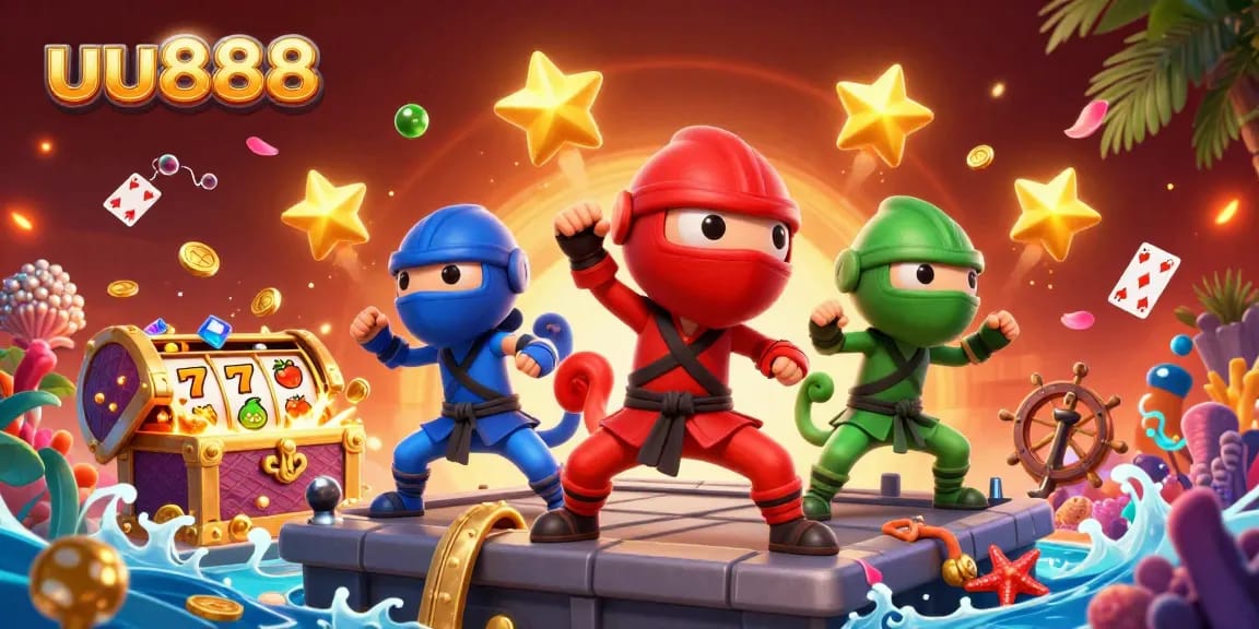 Engage with the thrill of uu888 slots, featuring three chameleons in martial arts poses amidst gold coins.