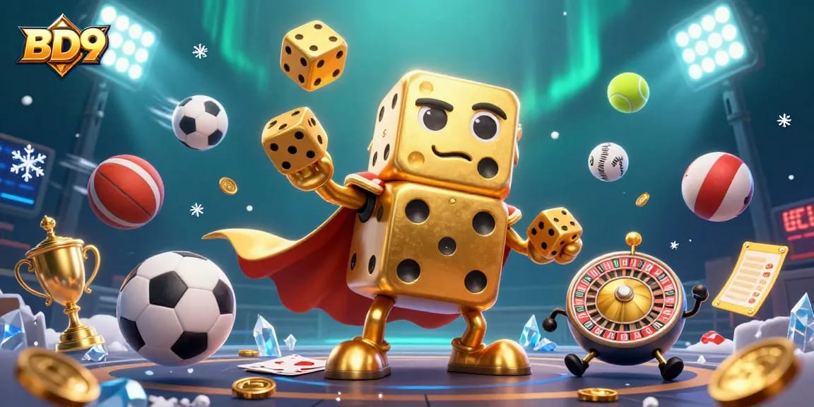 Engage with BD9's vibrant online gaming experience featuring dynamic 3D characters and casino elements.