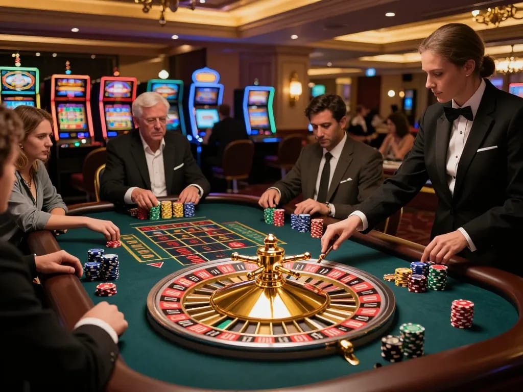 Experience the thrill of betting with Sun win at an upscale roulette table, vibrant atmosphere filled with anticipation.