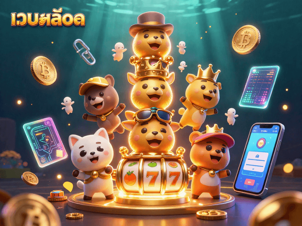 Engage with เว็บสล็อต through vibrant 3D art showcasing slot reels, crypto coins, and lively totem characters.