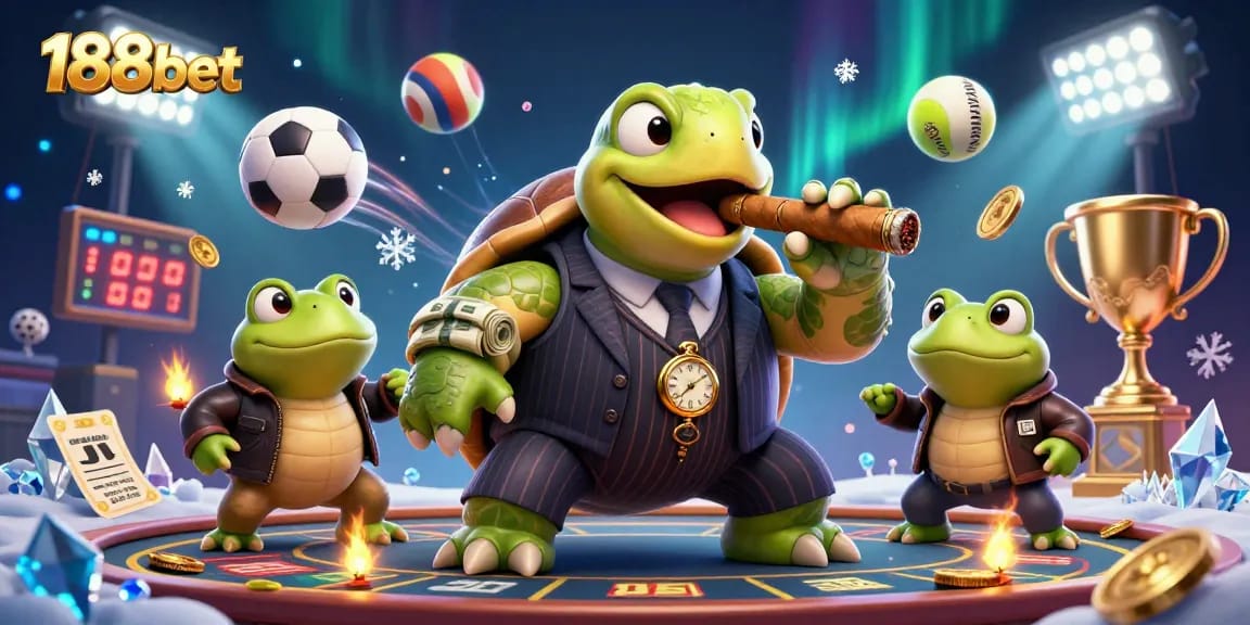 Engage with 188bet's dynamic casino scene featuring a turtle mobster and bullfrog enforcers.