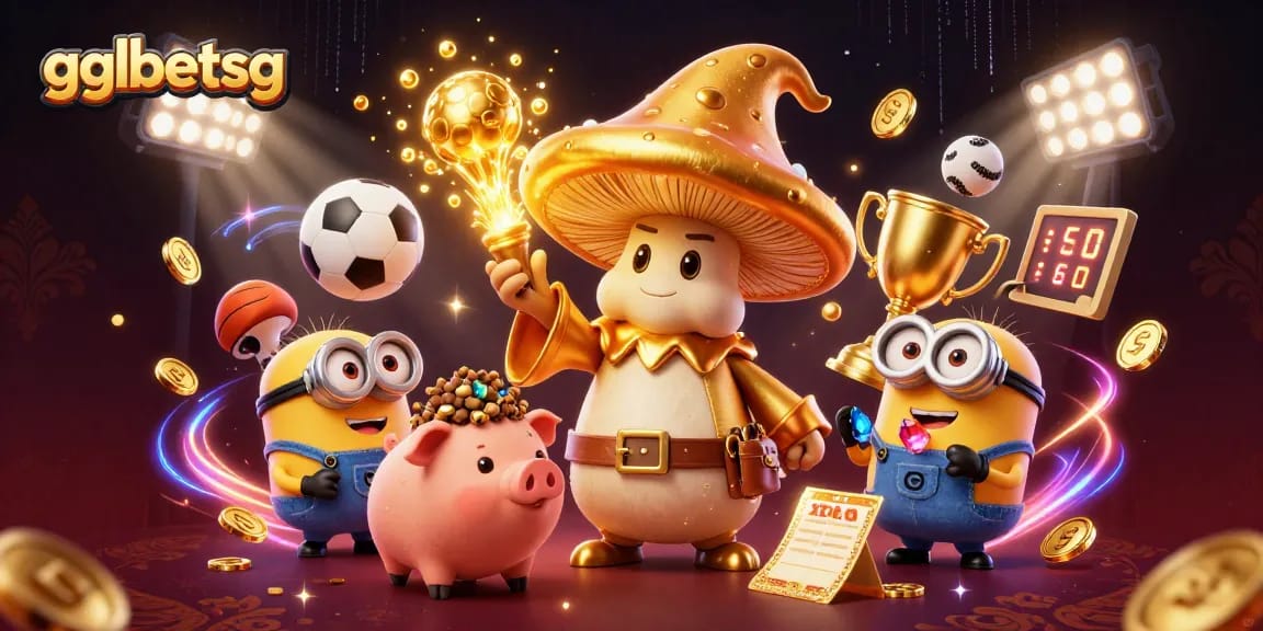 gglbetsg features a golden wizard with treasures and sports elements for an exciting betting scene.