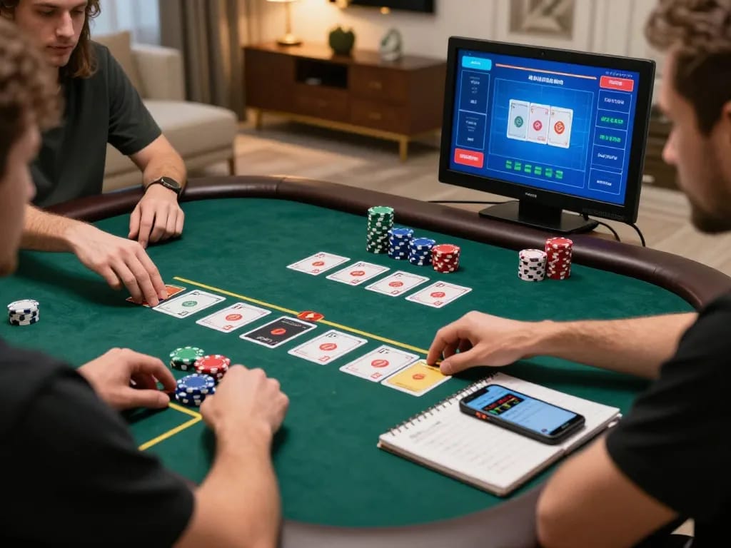 Engaging in online poker at home with Sunwin interface displayed on screen, showcasing strategic gameplay
