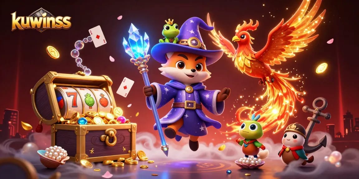 Kuwinss showcases an enchanting 3D casino scene with slots, wizards, and treasures.