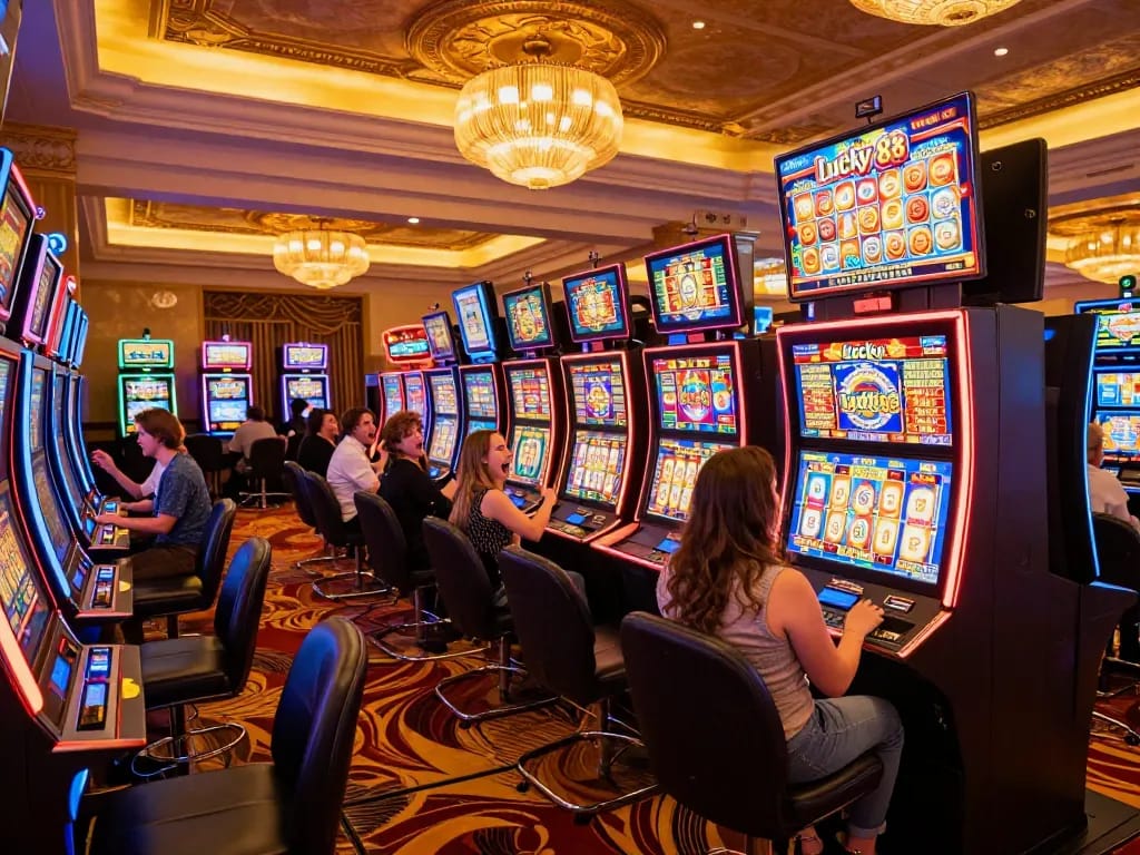 Players enjoying the Lucky 88 slot games, surrounded by colorful lights and excitement in a vibrant casino atmosphere