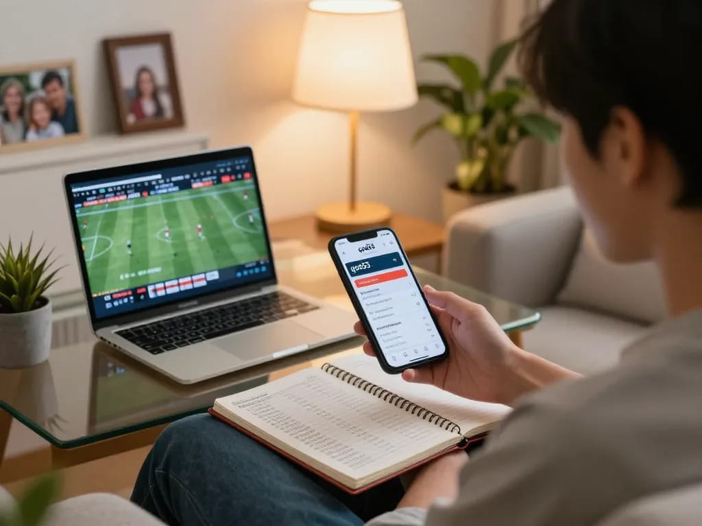 Person engaging in online sports betting on god55 app while reviewing strategies at home.