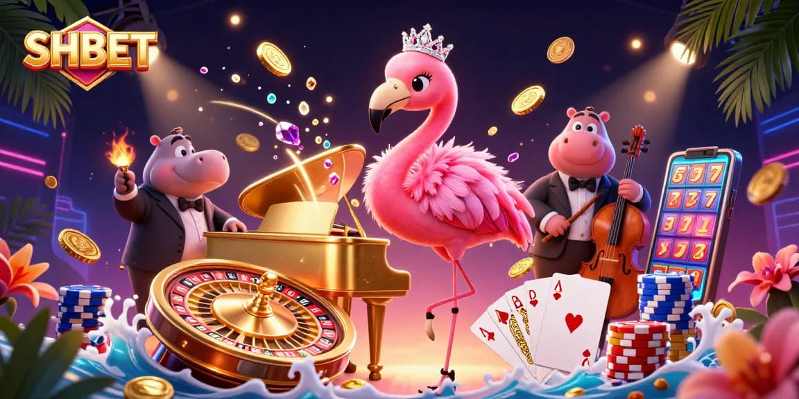 SHBET engages players with vibrant casino-themed illustration featuring dynamic characters and rich gaming elements.