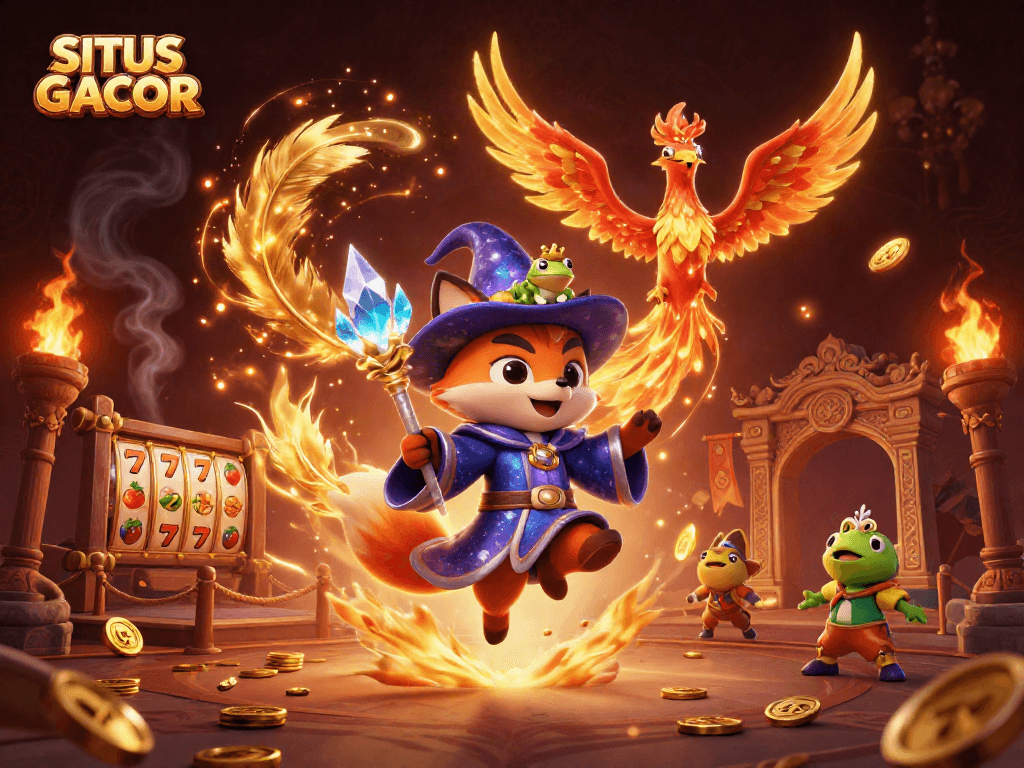 SITUS GACOR slots scene with a mystical wizard fox and a phoenix surrounded by dynamic gambling elements.