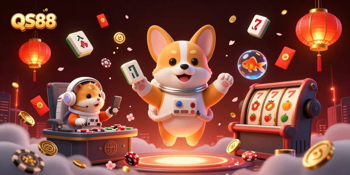 Play at QS88 with dynamic slot games amidst floating treasures and whimsical characters.