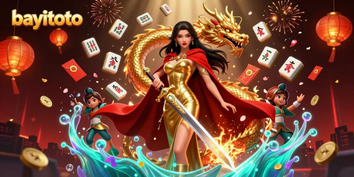 Win big at bayitoto with an enchanting 3D illustration of a majestic warrior queen and golden dragon.