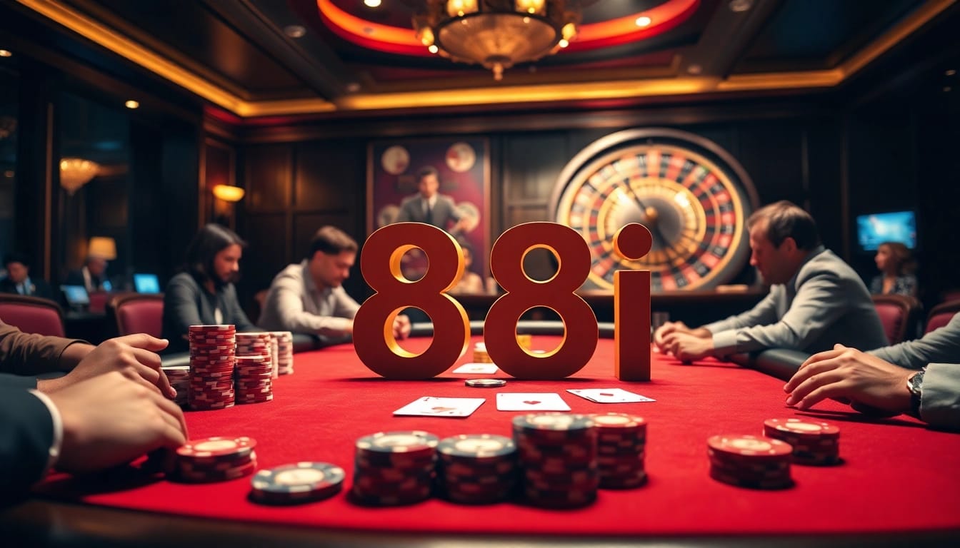 Players enjoying an exciting game at an 88i casino table with vibrant chips and cards.