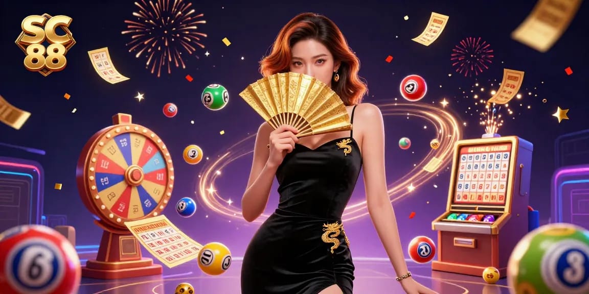 Experience SC 88 excitement with vibrant lottery elements and a captivating Asian woman in 3D illustration.