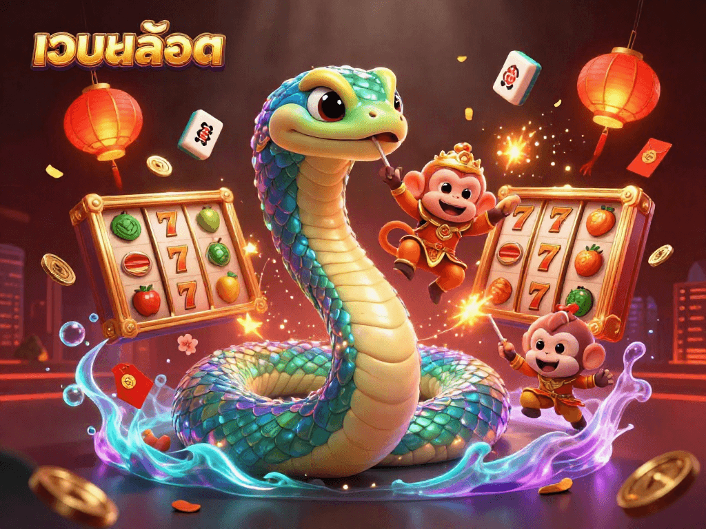 Engage with เว็บสล็อต to win big, displayed in a vibrant 3D casino scene enriched with gaming elements.