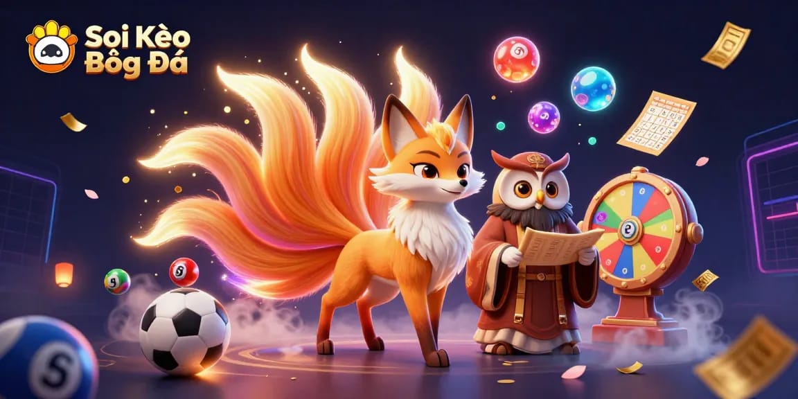 Soi Kèo Bóng Đá reveals an energized scene with a nine-tailed fox spirit and dynamic sports betting elements.