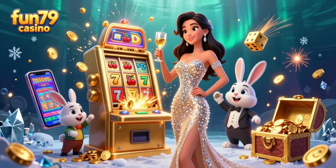 Experience thrilling gameplay at fun79 casino with a glamorous winner celebrating a jackpot