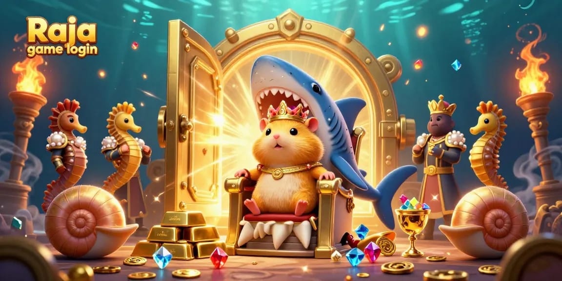 Engage with Raja game login by enjoying the vibrant underwater casino scene featuring the golden hamster king.