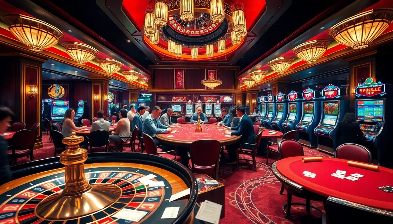 Engaged players at nhà cái 789win enjoying a luxurious casino experience with roulette, poker, and slots.