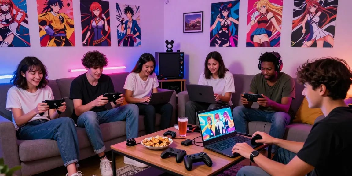 Players enjoying a hentai game in a vibrant living room, surrounded by anime art and gaming gear.