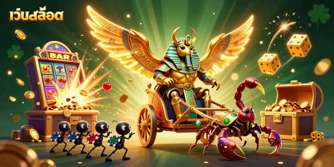 Win big at เว็บสล็อต with a dynamic scene filled with golden scarabs, coins, and slot machines.