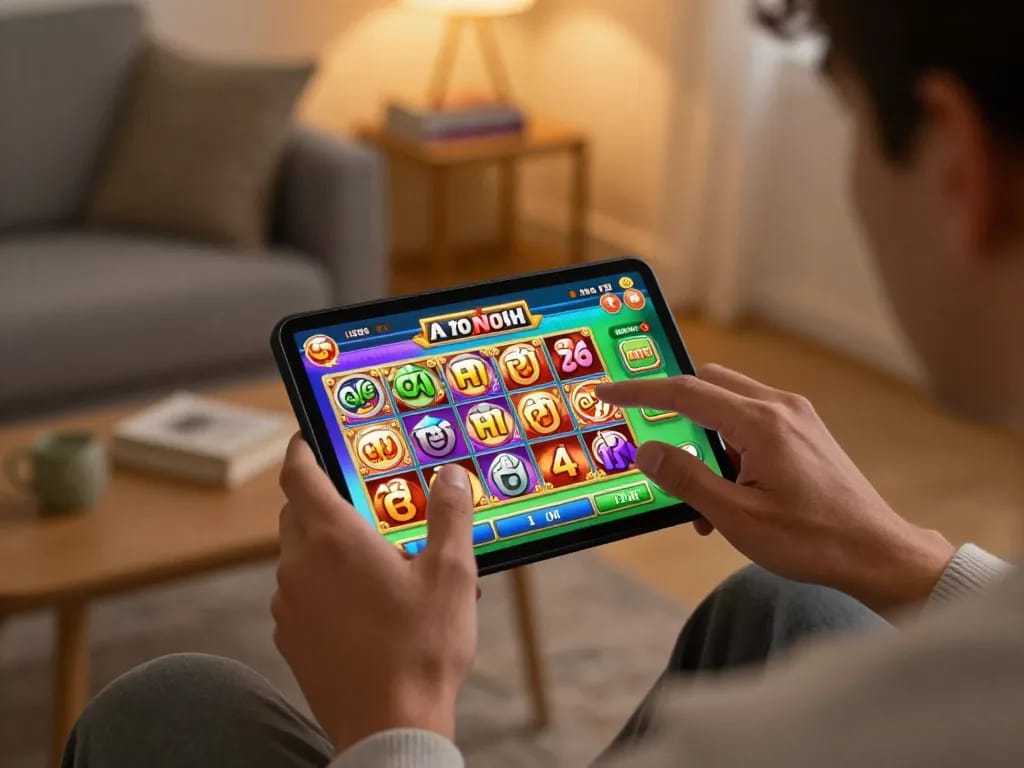 Engaging in g28 nổ hũ gameplay on a mobile device, showcasing user excitement in a cozy setting