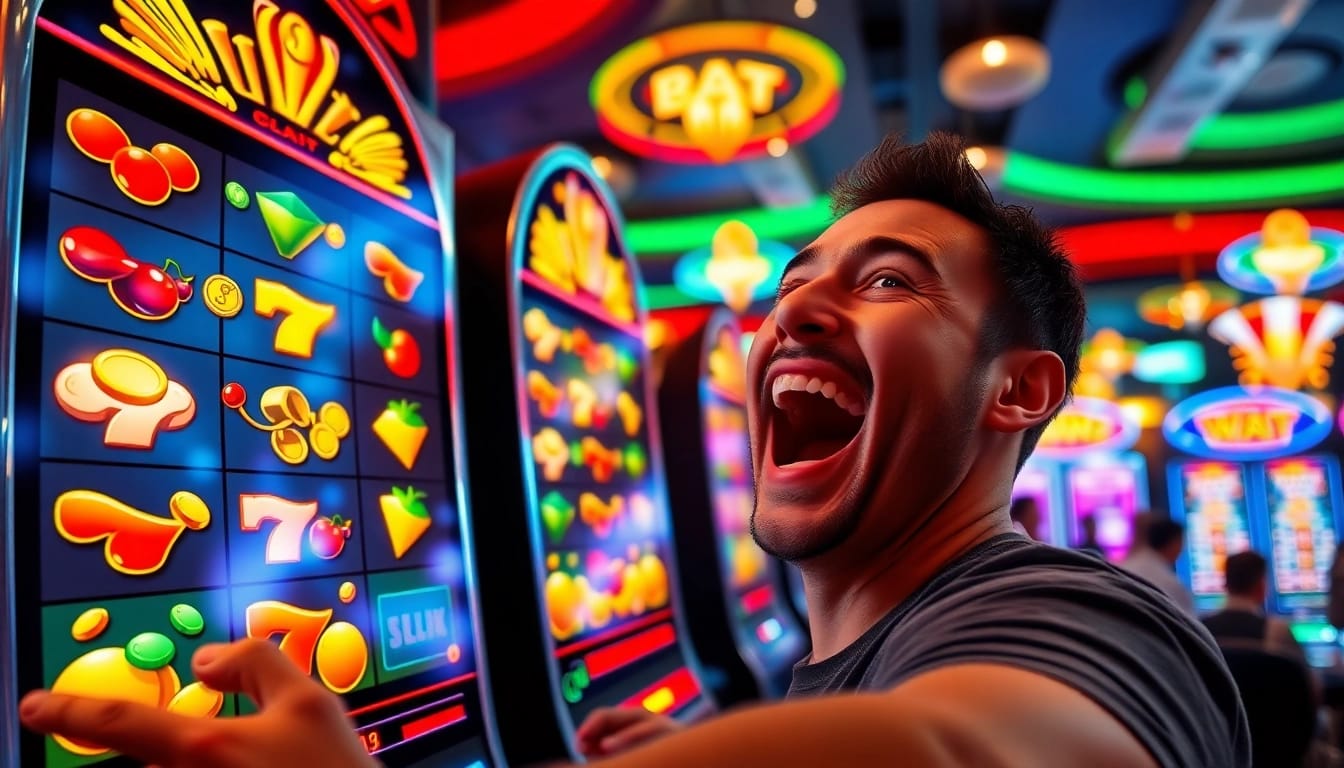 Slot gacor menampilkan mesin slot yang berkilau dengan simbol keberuntungan dan pemain merayakan kemenangan.