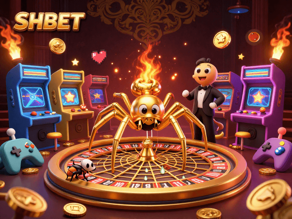 Experience thrilling wins at SHBET with a vibrant 3D casino scene depicting exciting games and characters.