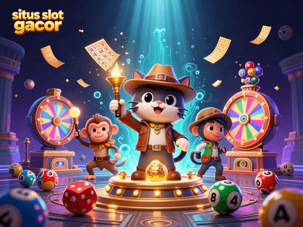 Menggali situs slot gacor dan artefak kasino emas dengan karakter unik dalam ilustrasi fantastis.