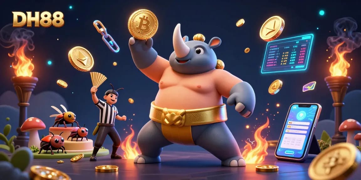 DH88 showcases a dynamic sumo beetle champion in action, surrounded by glowing coins and cryptocurrency elements.