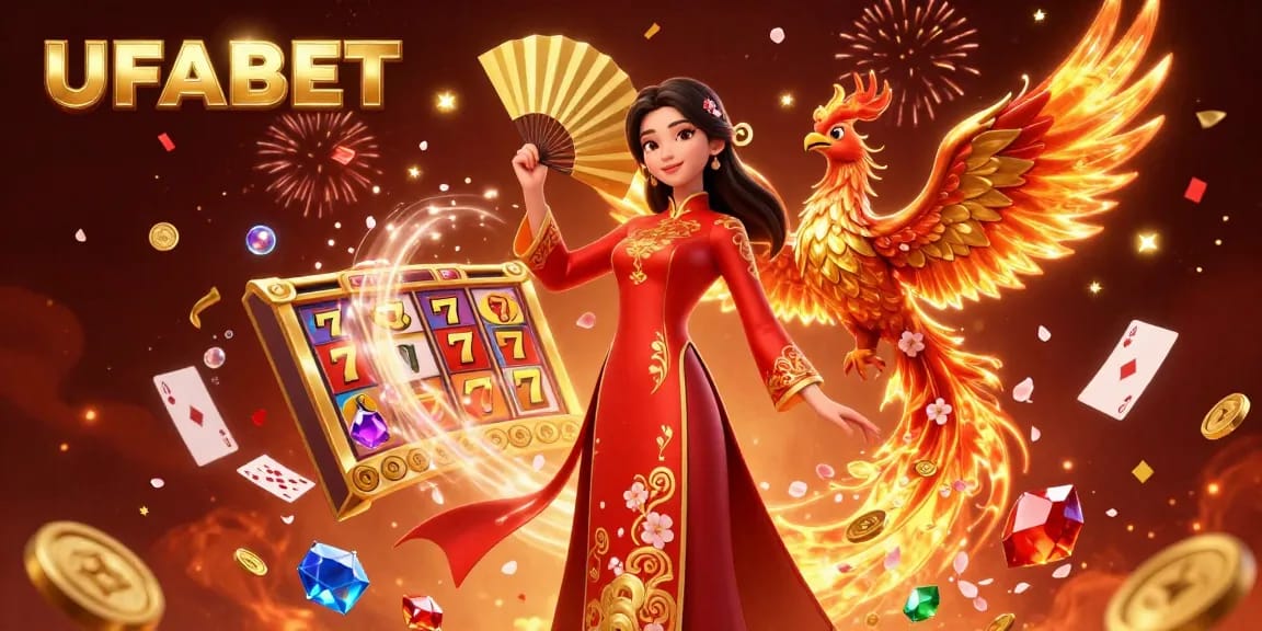 Win big with UFABET in this vibrant 3D casino illustration, showcasing slot games and festive celebration.